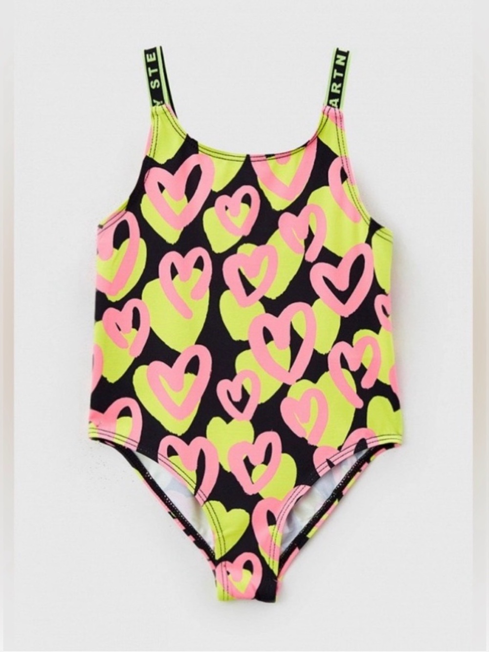 Stella McCartney Kids Black Neon Pink & Lime Heart Swim One-Piece